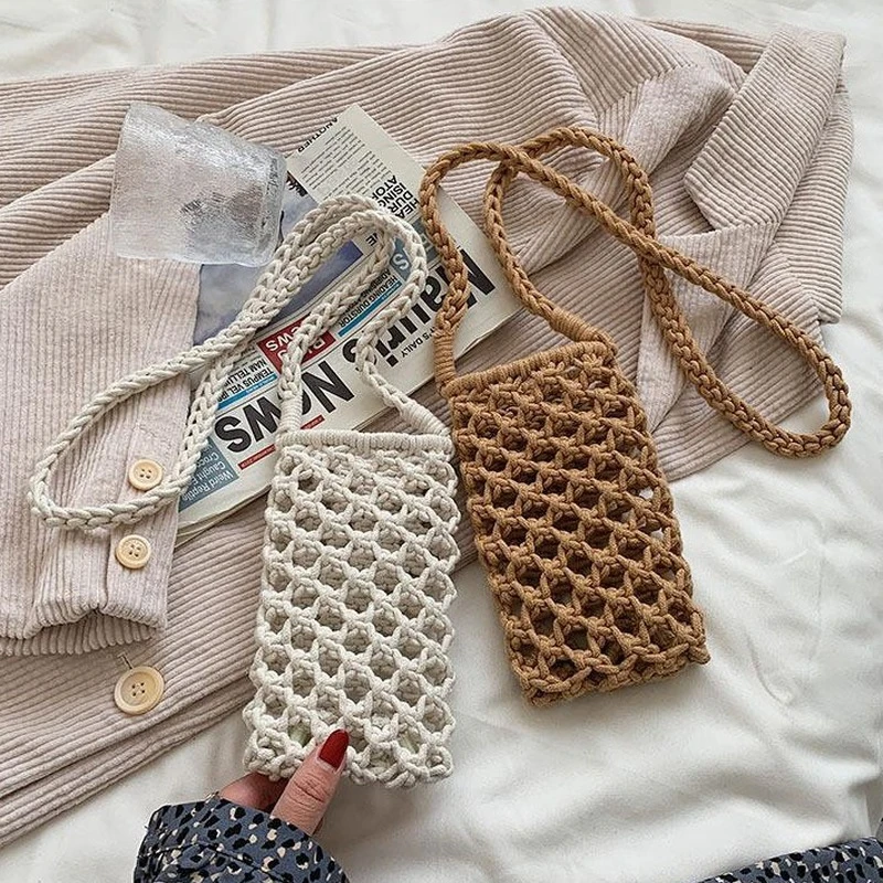 

Women Fashion Small Crossbody Phone Bag Solid Color Hollow-out Woven Crochet Lightweight Braided Shoulder Handbag