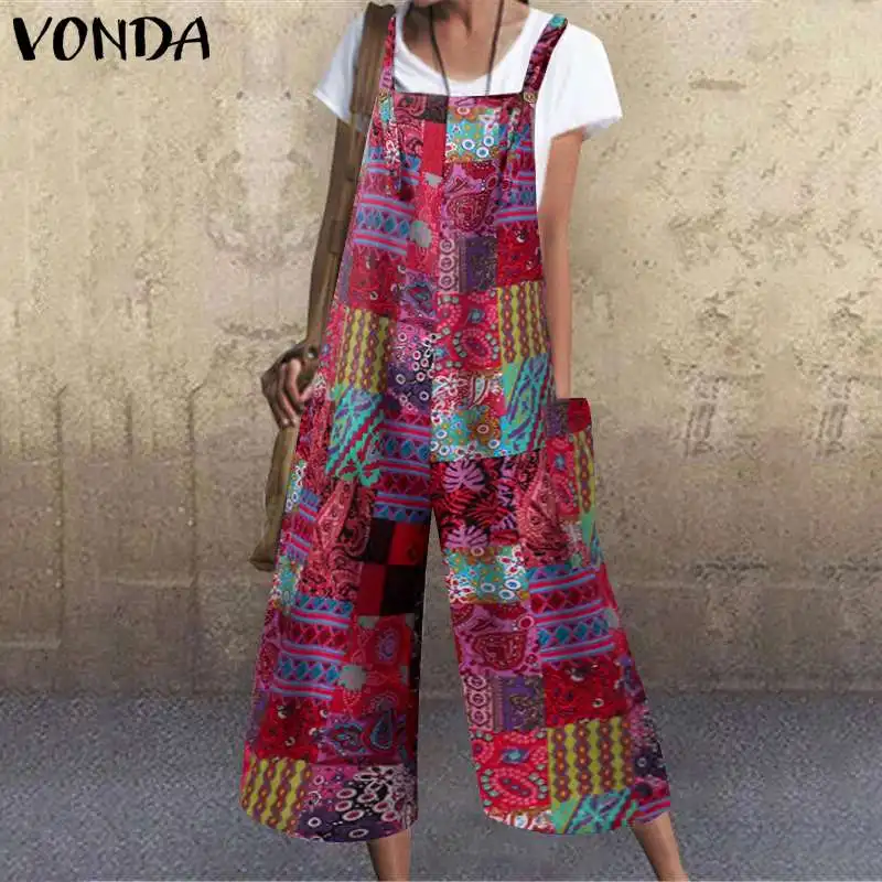 

Комбинезон VONDA женский с широкими штанинами, винтажный Повседневный свободный Пляжный ромпер без рукавов, праздвечерние брюки-оверсайз с п...
