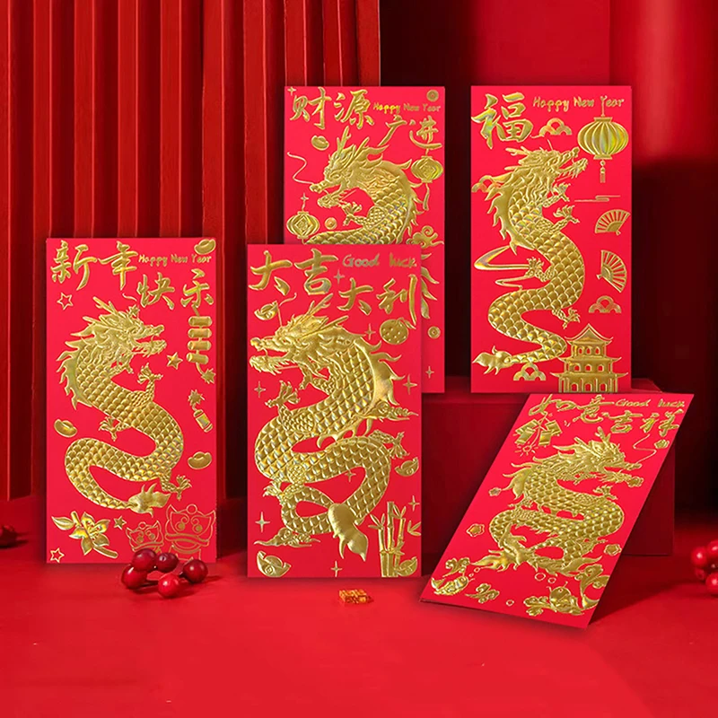 

6pcs Chinese Red Packet Red Packet Gift Packaging Bag Lucky Money Bag New Year 2024 Spring Festival Children Gift Dragon Packet