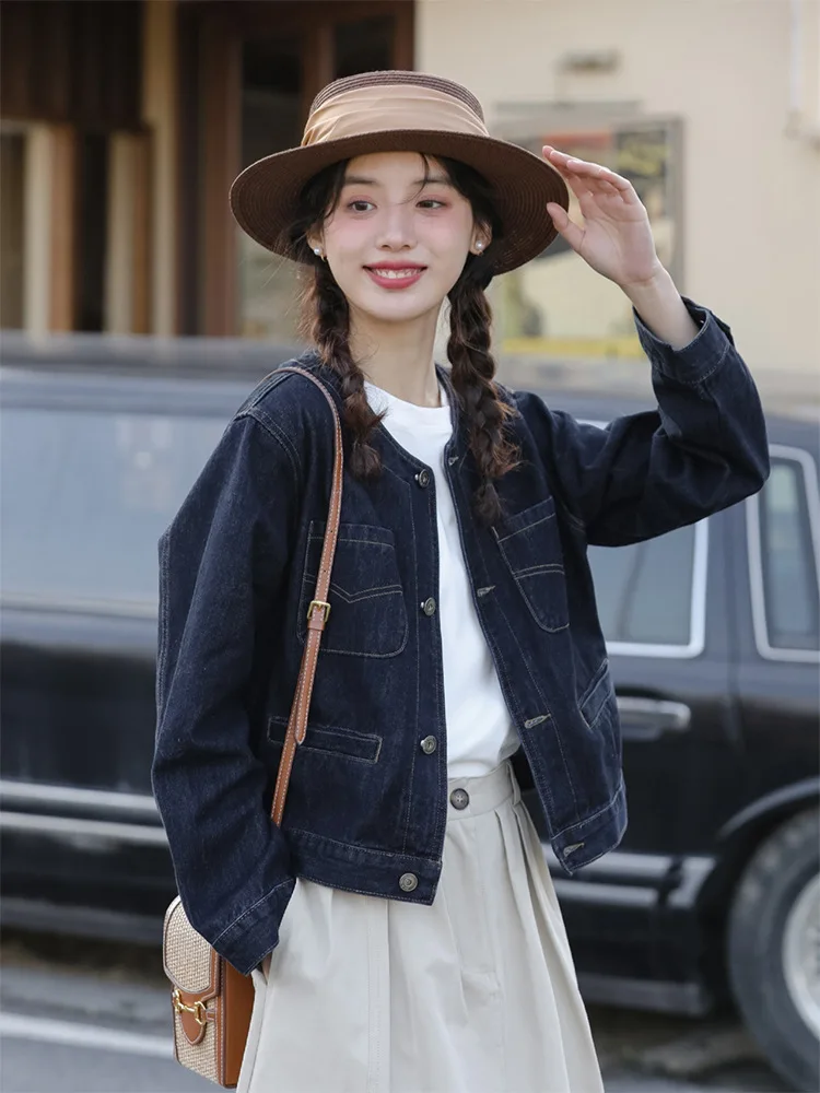 

Женская джинсовая куртка, голубая однобортная короткая джинсовая куртка с круглым вырезом в японском и корейском стиле, Y2k