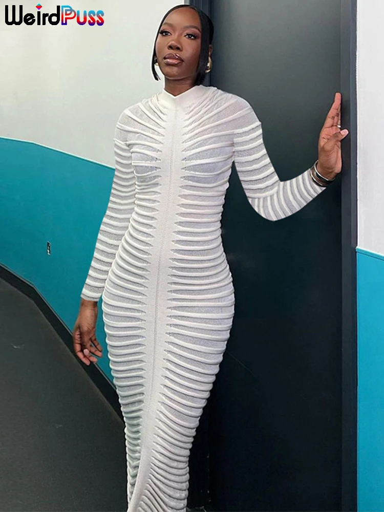 

Weird Puss Knit Fall Women Dress Striped Elegant See Through Stretch Long Sleeve O-Neck Maxi Bodycon Streetwear Skinny Vestidos