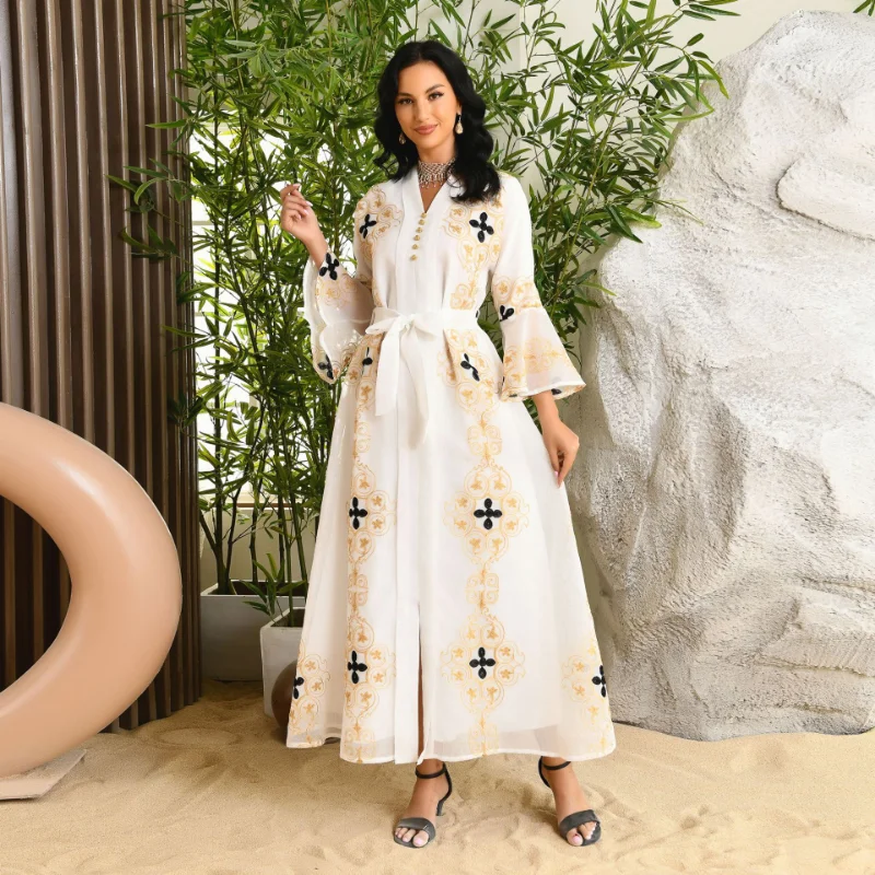 Autumn Winter Muslim Dress Cardigan Embroidery Abaya Middle East Dubai Fashion Mesh Turkish Tunic Jalabiya for Women