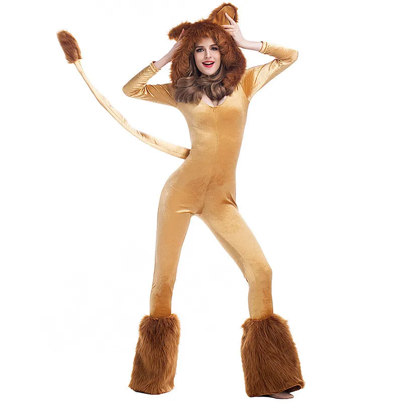 

Комбинезон с капюшоном и мультяшным животным львом, костюм на Хэллоуин с хвостом и обложкой для ног для взрослых женщин, для косплея короля льва