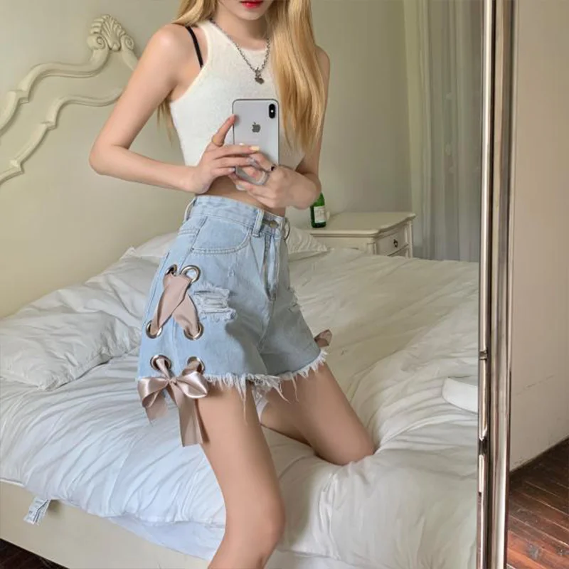 Net Celebrity Ins High-waisted Spice Girl Sexy Show Thin Lace-up Denim Shorts Female Summer New Show Long Legs Everything Goes W