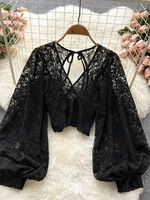 autumn blackwhitebrown sexy lace blouse women elegant v neck puff long sleeve open back short tops female party blusas 2021