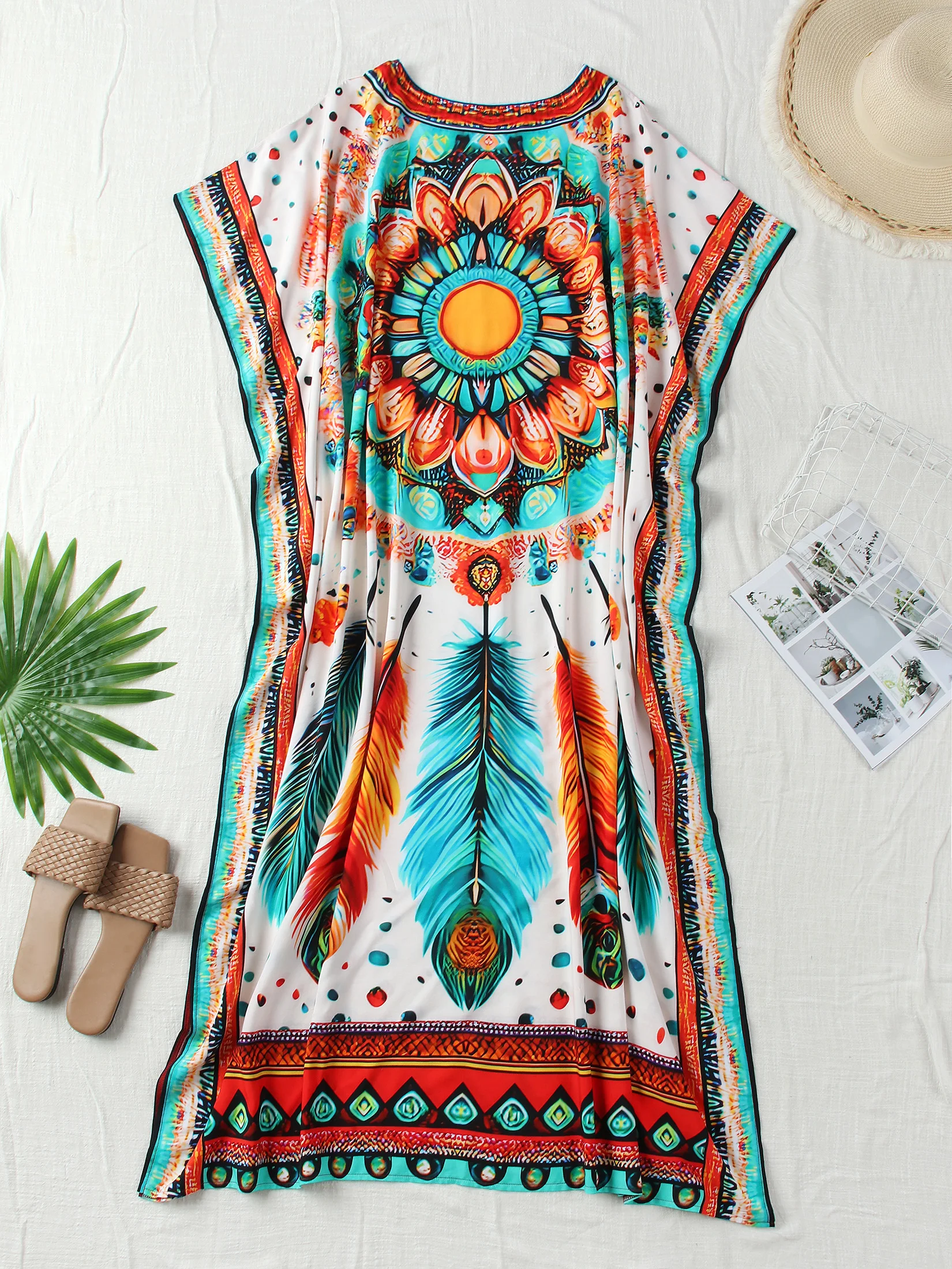 Женское летнее платье-кафтан с рукавом летучая мышь и V-образным вырезом