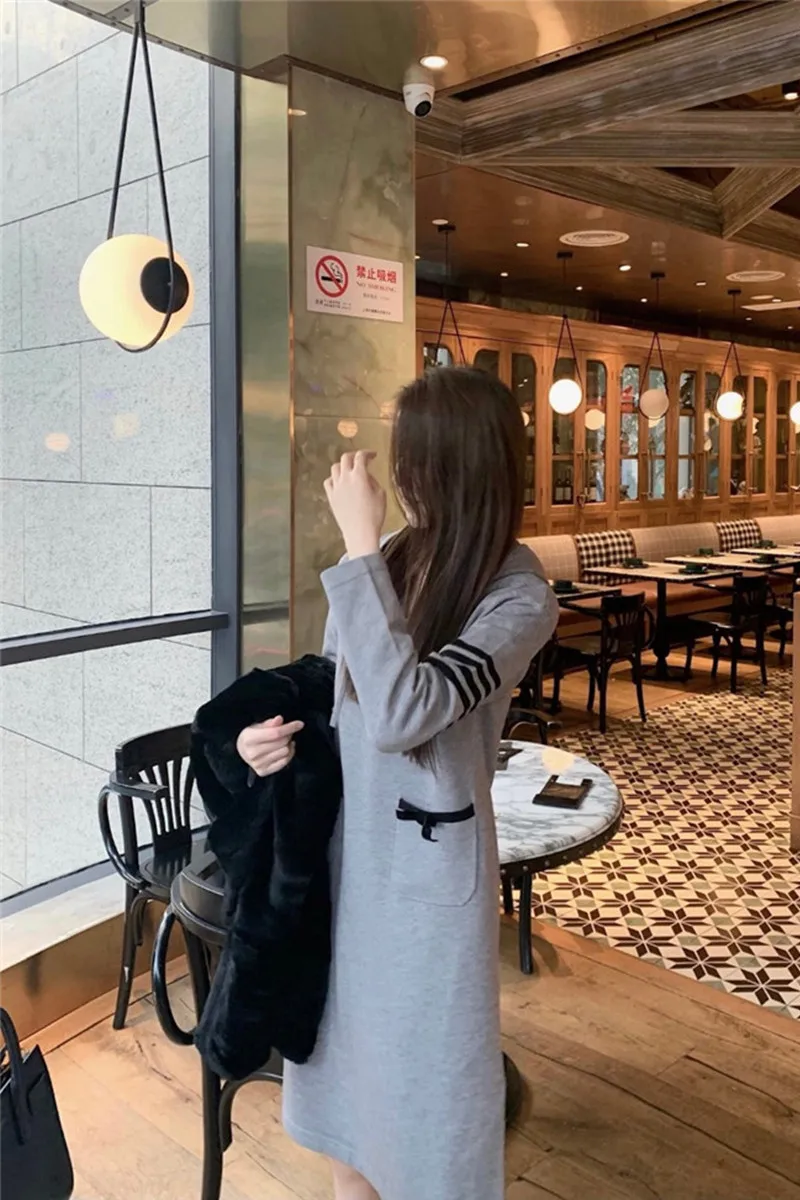 TB bow college style dress hooded long-sleeved sweater dress spring commuting loose and thin knitted skirt women