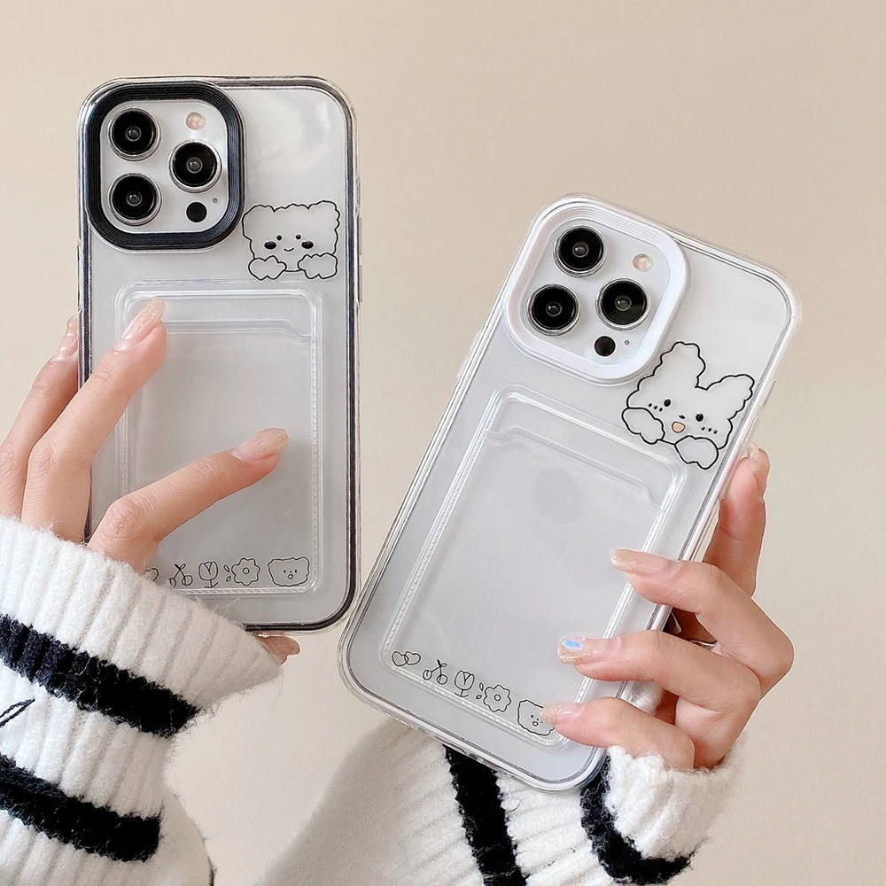 

Bear Rabbit Pattern Clear Card Holder Phone Case For iPhone 13 11 12 14 Pro Max XS Max XR X 8 7 6 Plus Soft Cover for Girl Boy