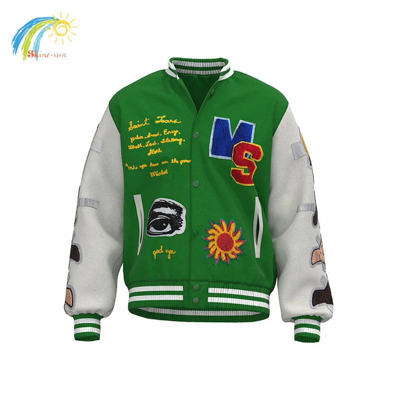 

Мужская и Женская бейсбольная куртка Saint Michael, зеленая и черная классическая Куртка-бомбер большого размера с нашивкой и бирками, 1:1