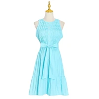 2022 summer new short sleeveless waist lace pleated dress fashion ripple elegant lace a line mini dress blue yellow