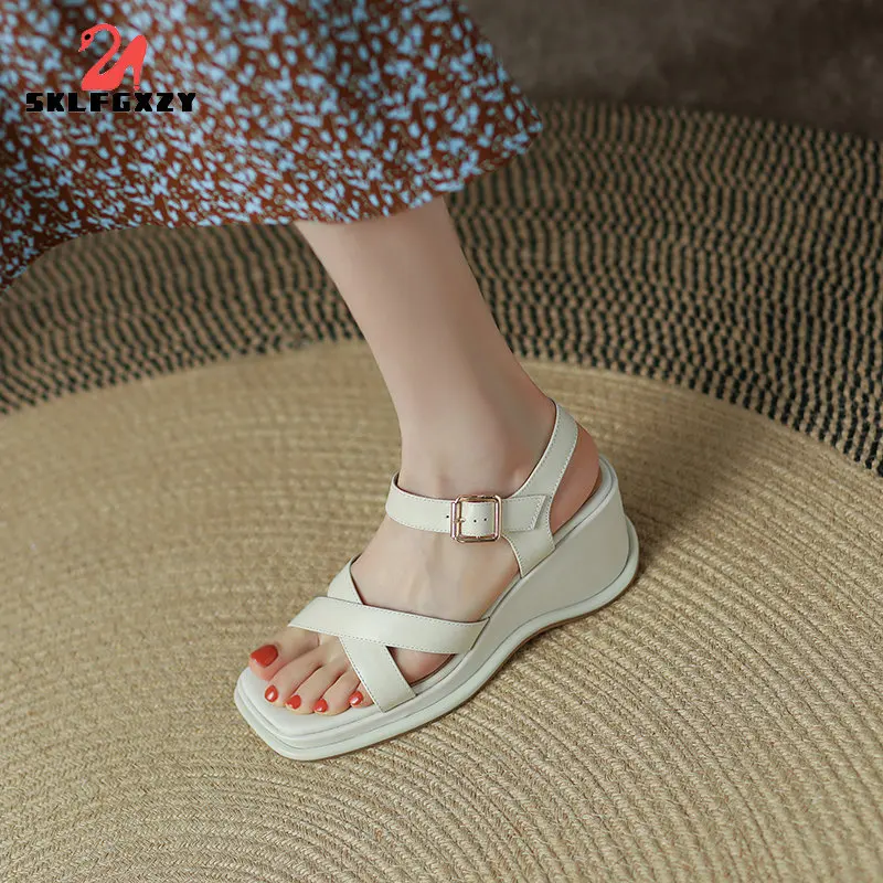 

White Genuine Leather Wedges Sandals For Women High (5cm-8cm) Platform Sandals Summer Casual Shoes 2021 Big Size 34-43
