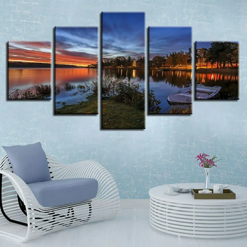 

5 Pieces Sunset Ship Lake Pictures Wall Art Tree Natural Landscape Poster 5 Panel HD Print Canvas Home Decor No Framed 5 Piece
