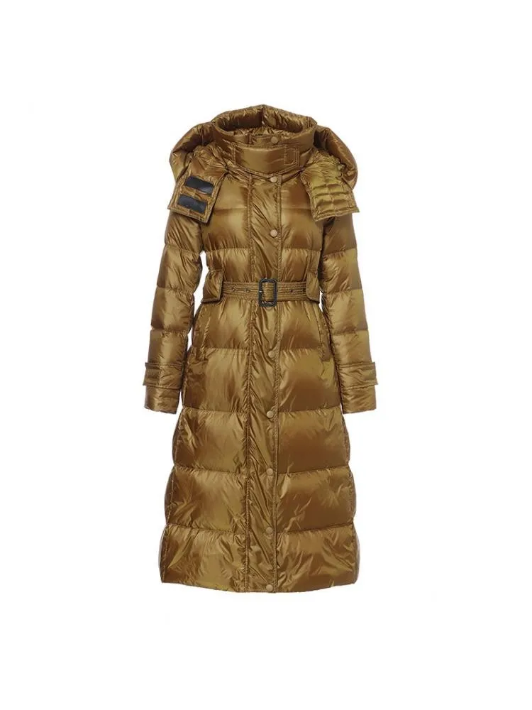 European Station 2022 Winter New High-End Bright Hooded Black Thicked 90 Down Coats Women Lace Up Warmer Bread Cloth Jackets