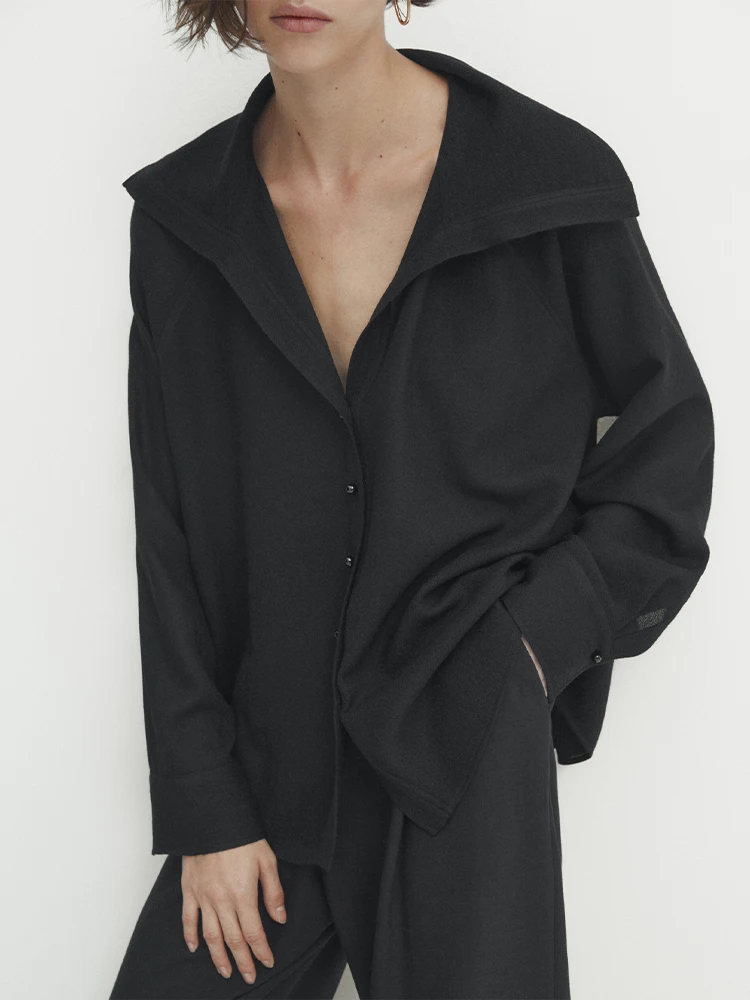 

MD high quality shirt 2023 new autumn and winter women's French style loose black sailor collar linen blended shirt