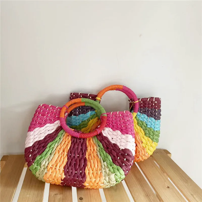 Summer Beach Bags Handmade Half-Round Rattan Woven Straw Bag New Colorful Large Totes Capacity Ladies Handbags Vacation Handbag
