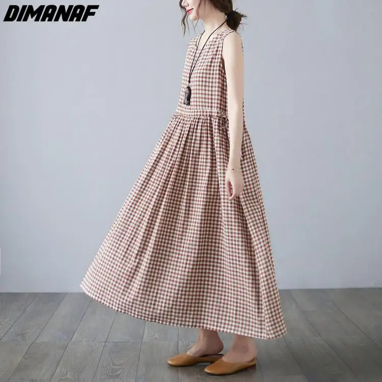 Женское длинное платье без рукавов Dimanaf свободное винтажное в клетку Пляжное