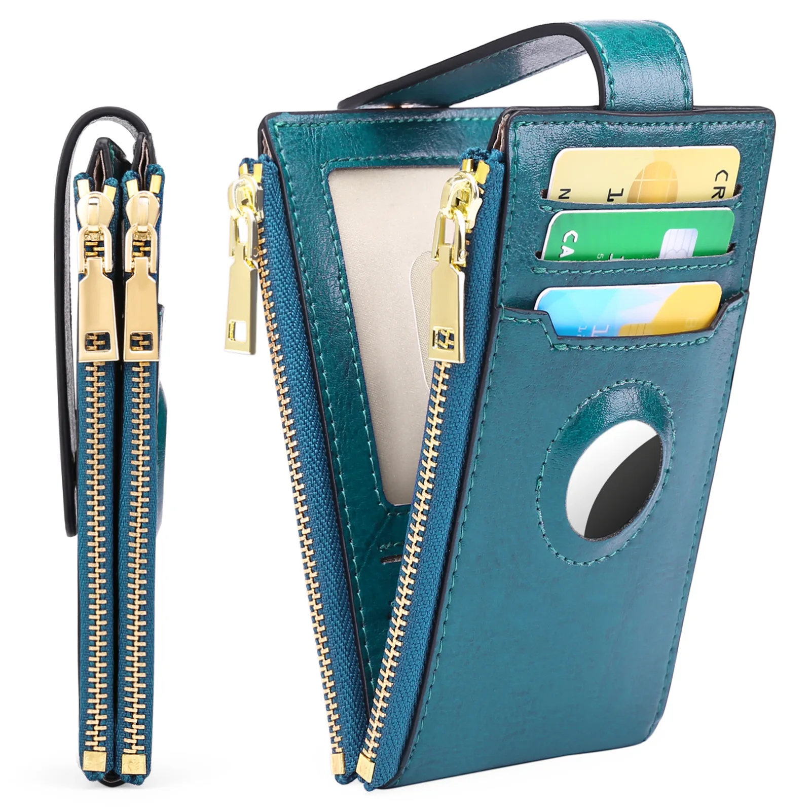 

100% Cowhide Retro Genuine Leather Zipper Card Holder for Apple Airtag Tracker Card Sleeve Oil-waxed Leather Coin Purse Wallets
