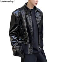 Rib Bottom Men Patent Faux Leather Jacket Turn Down Collar 2022 Spring Autumn Mens Zip Up Loose PU Coat Black
