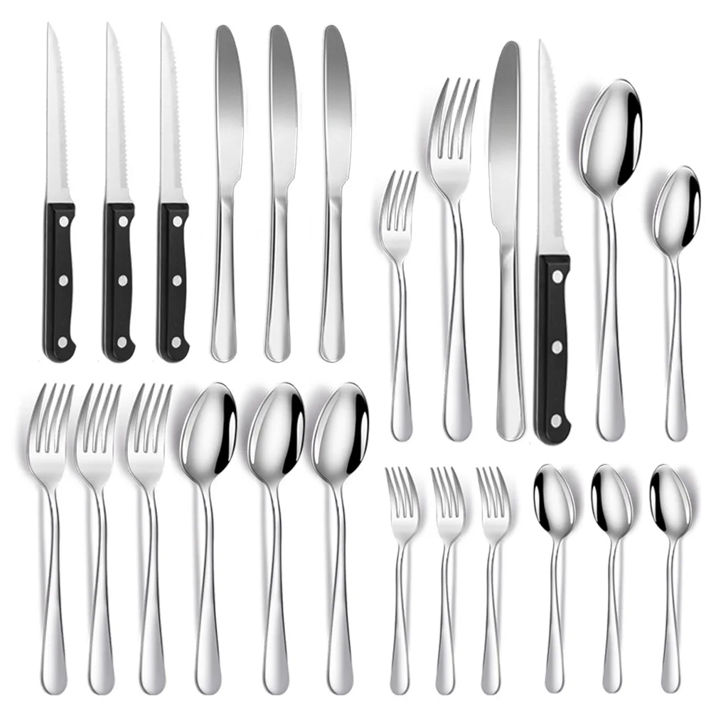 

24 Piece Stainless Steel Tableware Set Titanium Plated Black Dinner Set Wide Blade Knife Fork Spoon Safety Silver Table Props