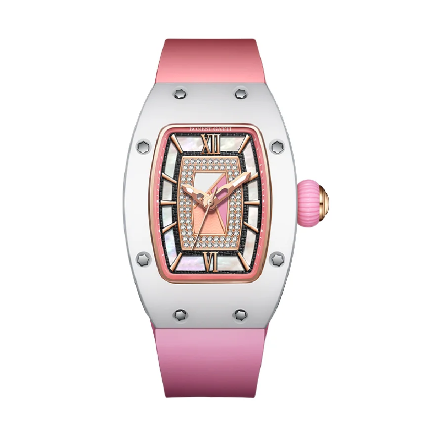 

BONEST GATTI Women Automatic Watch Luxury Lady Watches Tonneau Mechanical Wristwatch Sapphire Fluororubber Strap Butterfly Clasp