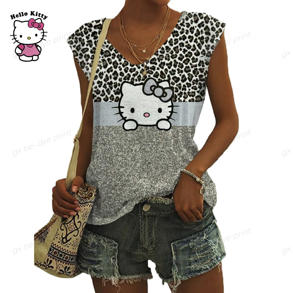 

Summer Women's T Shirt Fashion Female Short Sleeve Shirts V-Neck Harajuku Lady Tops Tees Hello Kitty Print Casual T-Shirt Tank