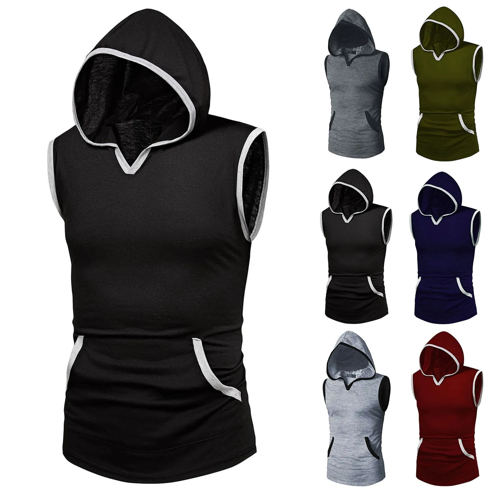 

2022 Fashion Clothing Bodybuilding Muscle Guys Fitness Men Contrast Trim Hooded Tank Top Vest Sportswear Sleeveless Shirt Hoodie