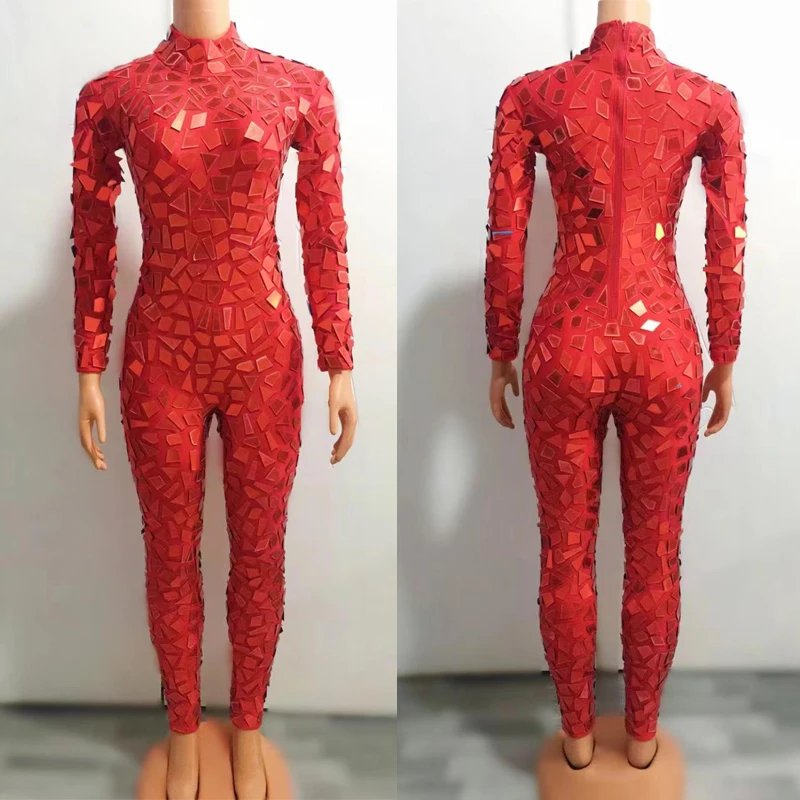 Sparkly Skinny Sequins Bodysuit Red Mirrors Jumpsuit Nightclub Female Singer Pole Dance Clothing Stage Show Rave Outfit XS4909