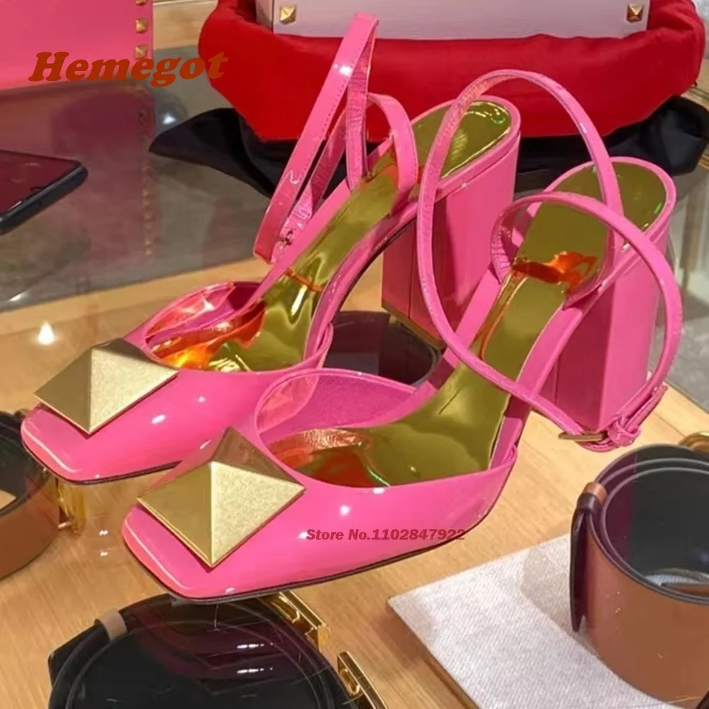 

One Stud Pumps Patent Leather Ankle Strap Buckle Square Toe Chunky Heels Pink Slingback Women's Sandals Rivet Solid Side Luxury