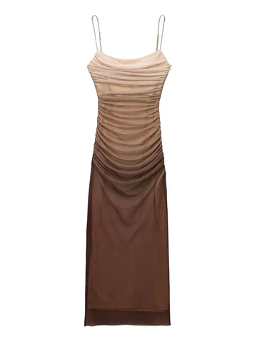 Женское платье с принтом из тюля, Пляжное плиссированное платье средней длины на тонких бретельках с прямым вырезом и украшением