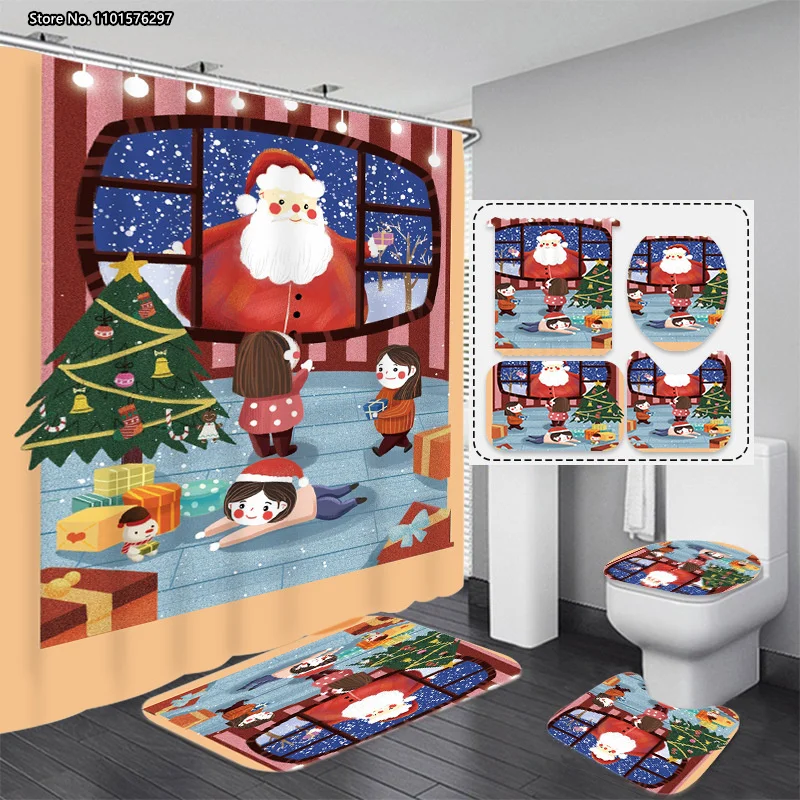 

Новый Рождественский праздничный декор для ванной комнаты, занавеска для душа с изображением Санта-Клауса, мультяшная занавеска для душа д...