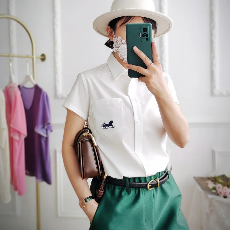 

Женская хлопковая Футболка с вышивкой, Облегающая белая рубашка с карманами, Новинка лета 2022