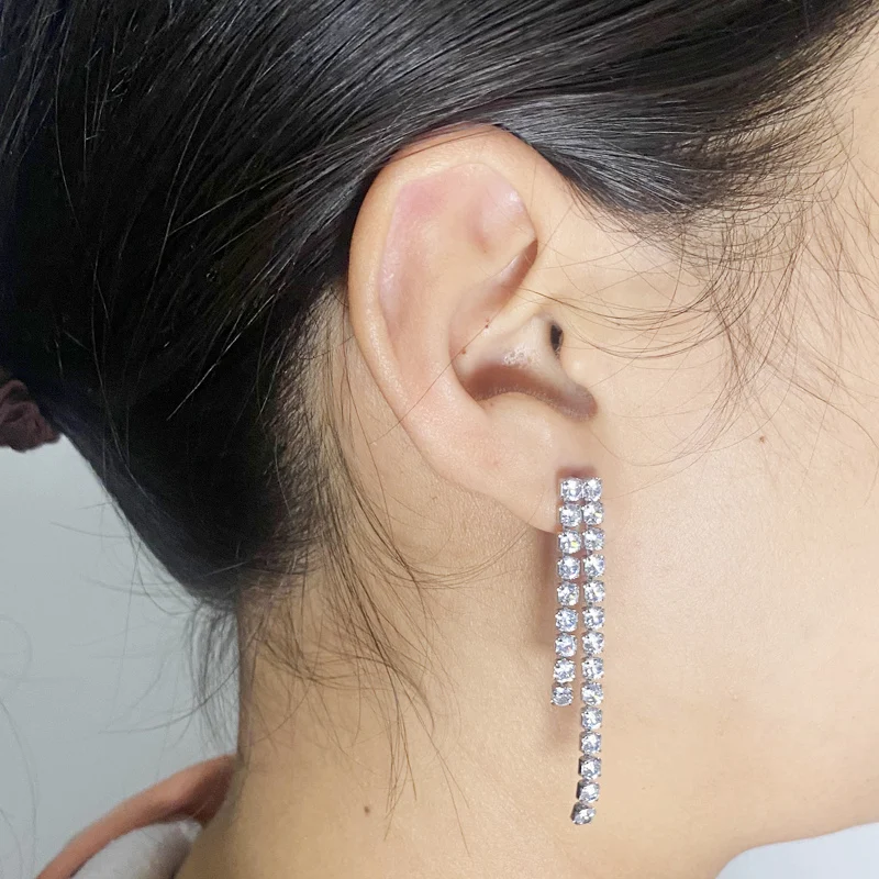 

Classic Silver Color Stainless Steel CZ Zirconia Stone 2 Rows Chain Long Tassel Drop Earring Personality Jewelry For Woman Gifts