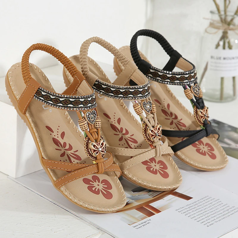 

Rimocy Summer Women Bohemian Sandals 2023 Crystal Foam Non-slip Sandalias Mujer Elastic Band Strap Low Heels Rome Shoes Sandals