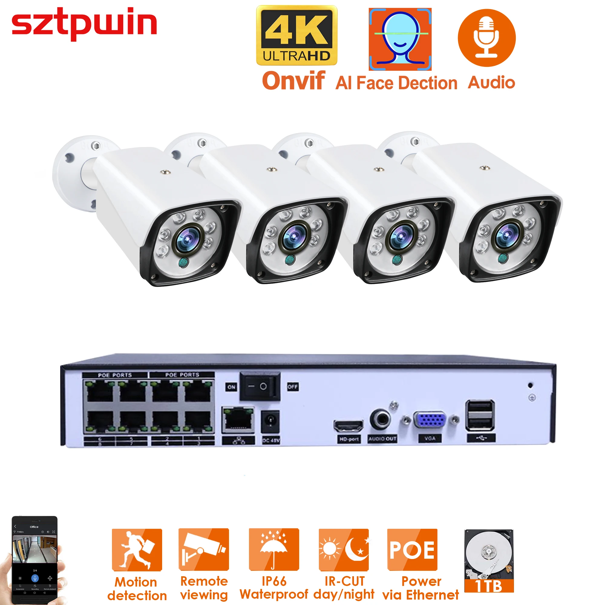 

H.265+ 4CH 4k 8MP POE Security System Kit Audio Recorder Rj45 Face Detection IP Camera Outdoor Waterproof CCTV Video NVR