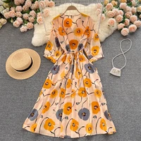new french vintage print v neck a line long skirt 2022 summer ladies pleated waist casual chiffon pullover womens dress