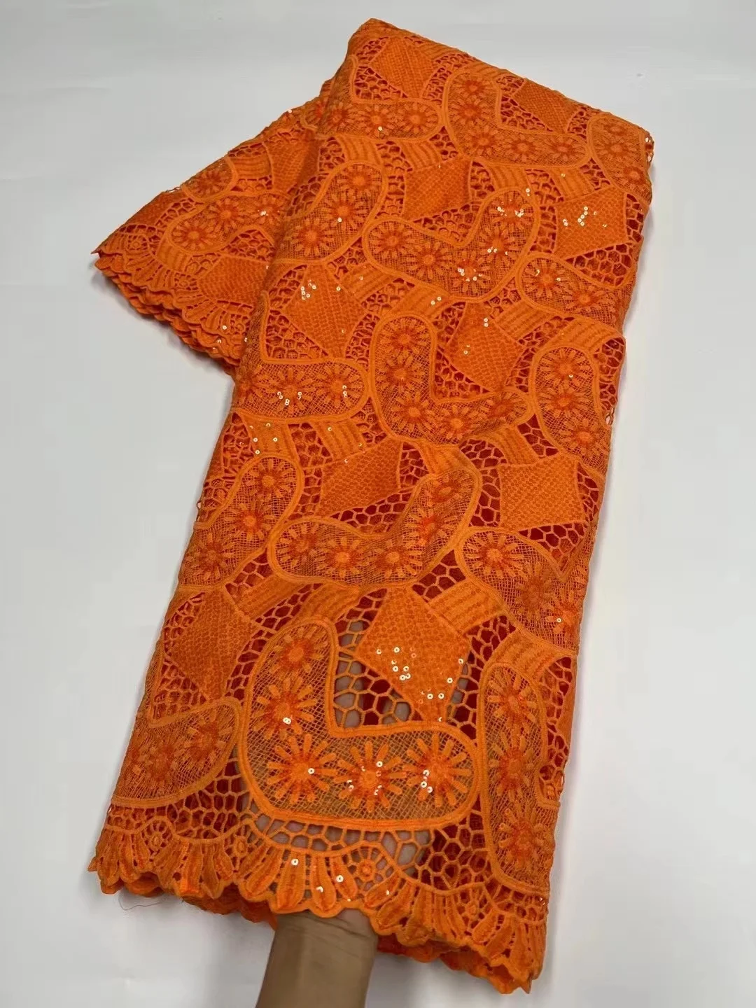 

Orange African Guipure Lace Fabric Sequin Embroidery Nigerian Cord Laces Fabrics 2022 High Quality For Party Dress Sew