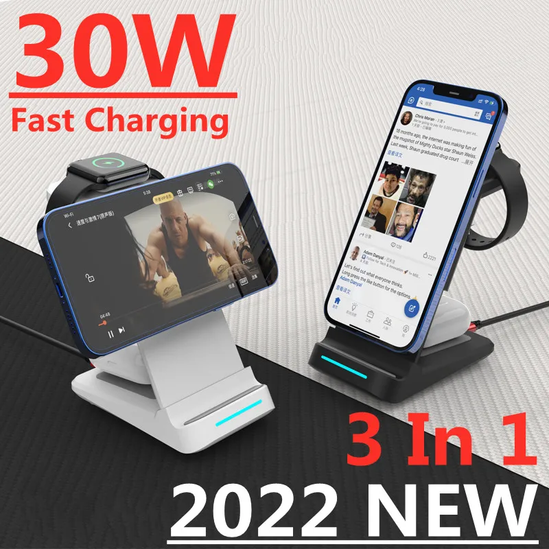 

3 In 1 Magnetic Wireless Charger Stand 30W Qi Fast Charging Dock for Apple Watch iWatch 7 AirPods Pro For iPhone Samsung Xiaomi