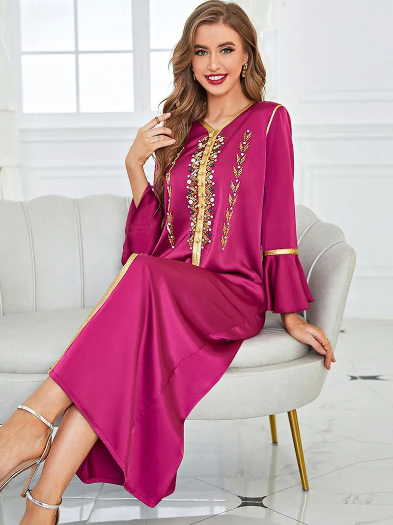 Party Moroccan Embroidered Kaftan Women Hand Sew Rhinestone Golden Trim Satin Arabic Long Dress Muslim Dubai Ramadan Abaya 2022