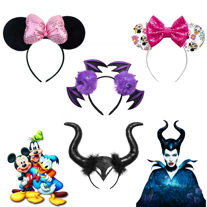 

Lovely Mickey Mouse Ears Headbands Bows Sequins Adult Kids Hairband For Women Maleficent Halloween Party Girls Hair Accessories