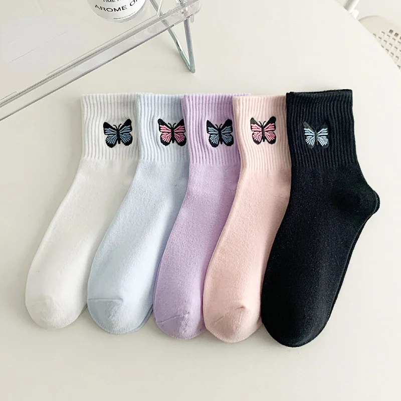 

5pcs Colorful Socks Cotton Mid-tube Wild Fashion Personality Butterfly Embroidery Sports Socks Trend Socks Cute Women's Socks