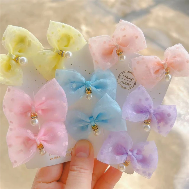 

10Pair/Lot Girl Handmade Korea Style Pearl Pendant Barrettes Hair Accessories Cute Polka Dot Bow Side Clip Baby Elastic Hairband
