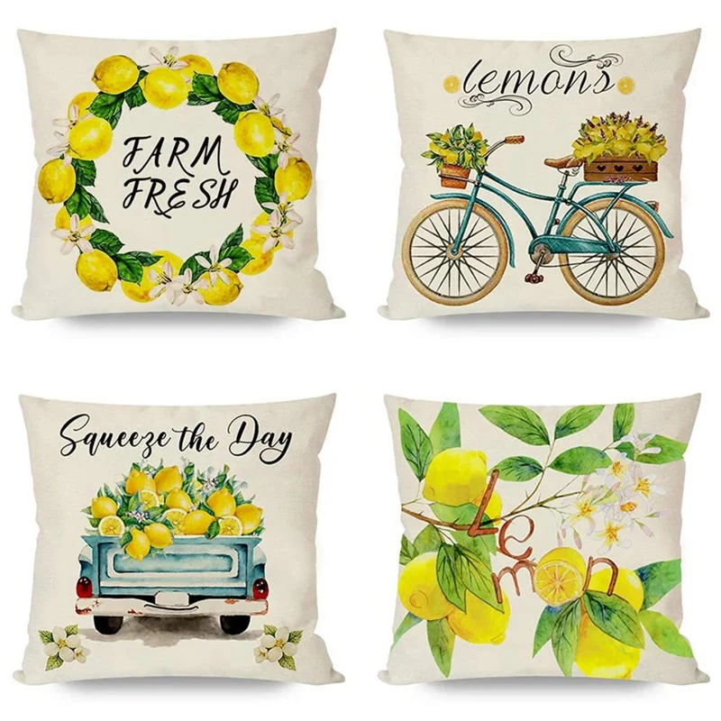 

Summer Lemon Pillow Covers 18X18 Inch Set Of 4, Spring Pillow Covers, Farmhouse Decorative Pillow Case,For Couch