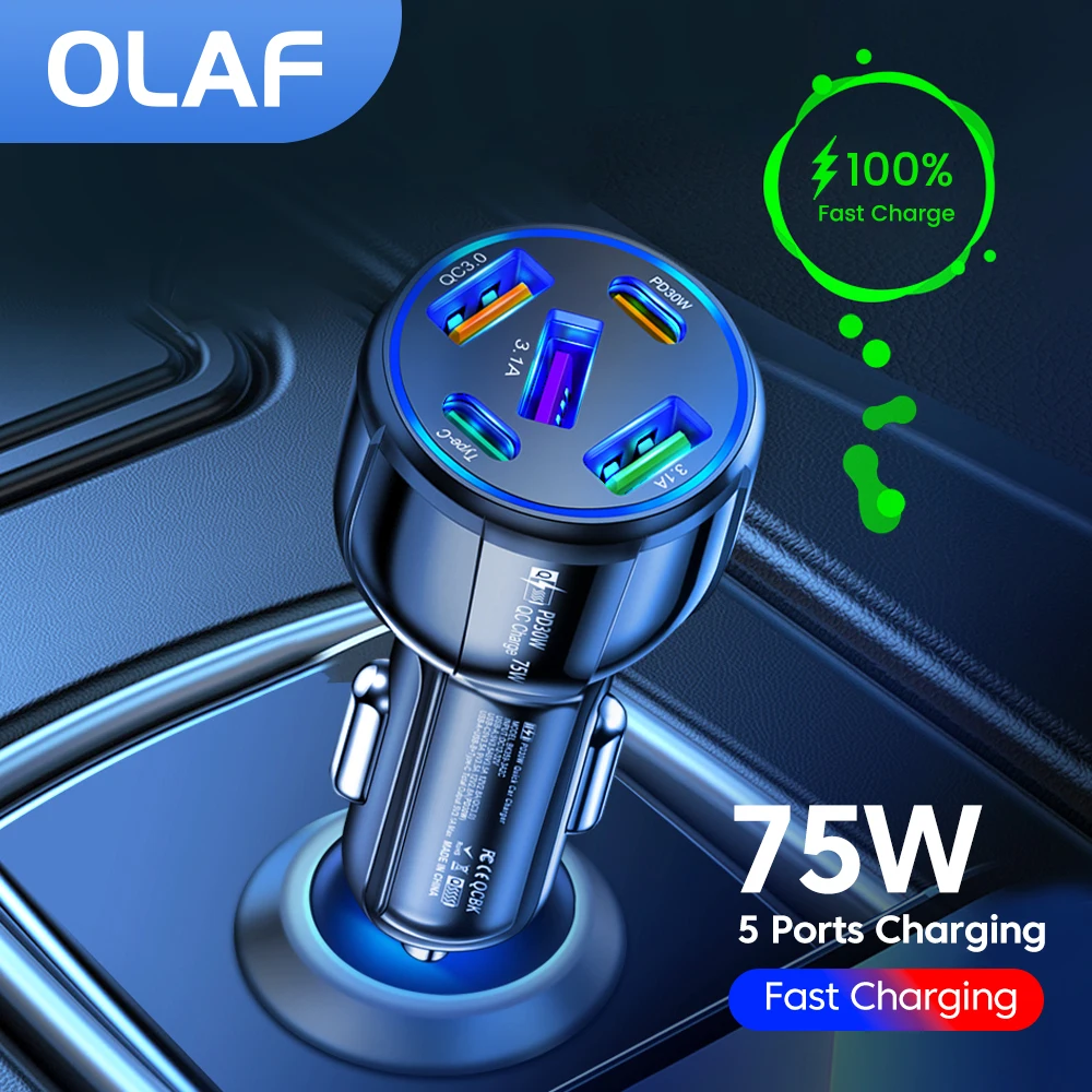 

Olaf 5Ports 75W USB Car Chargers Type C Car Charger Fast Charging PD QC3.0 Phone Charger in Car For iphone Xiaomi Huawei Samsung