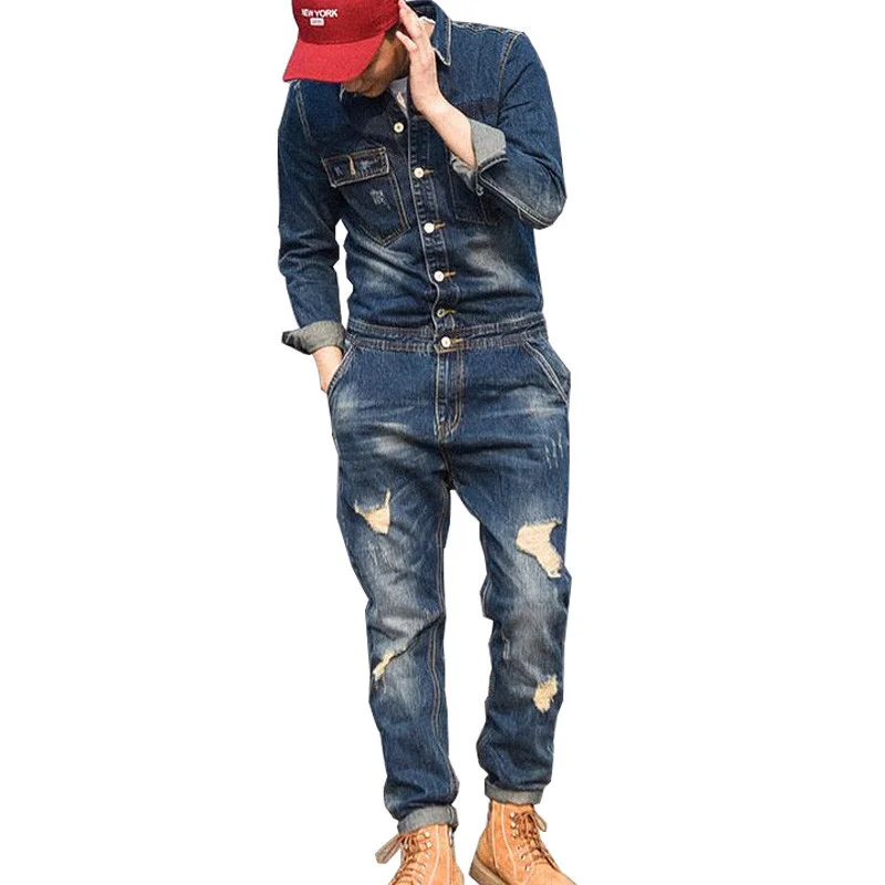 Fashion Men's Ripped Denim Bib Overalls With Jackets Distressed Jeans Jumpsuits For Male Work Suit Stage Costumes