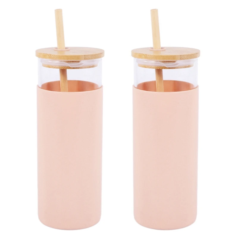 

2Pcs 17Oz Glass Tumbler Portable Glass Water Bottle Straw Silicone Protective Sleeve Bamboo Lid-Pink