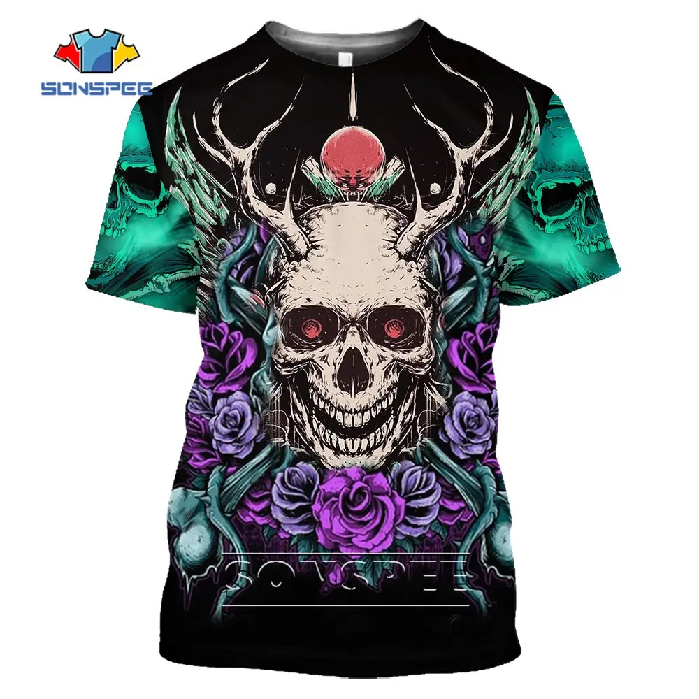 

SONSPEE 3D Printed Harajuku Cartoon Hip Hop T-Shirt Summer New Horror Skull Tattoo Flower Graphic Sports Short Sleeve Tees Top