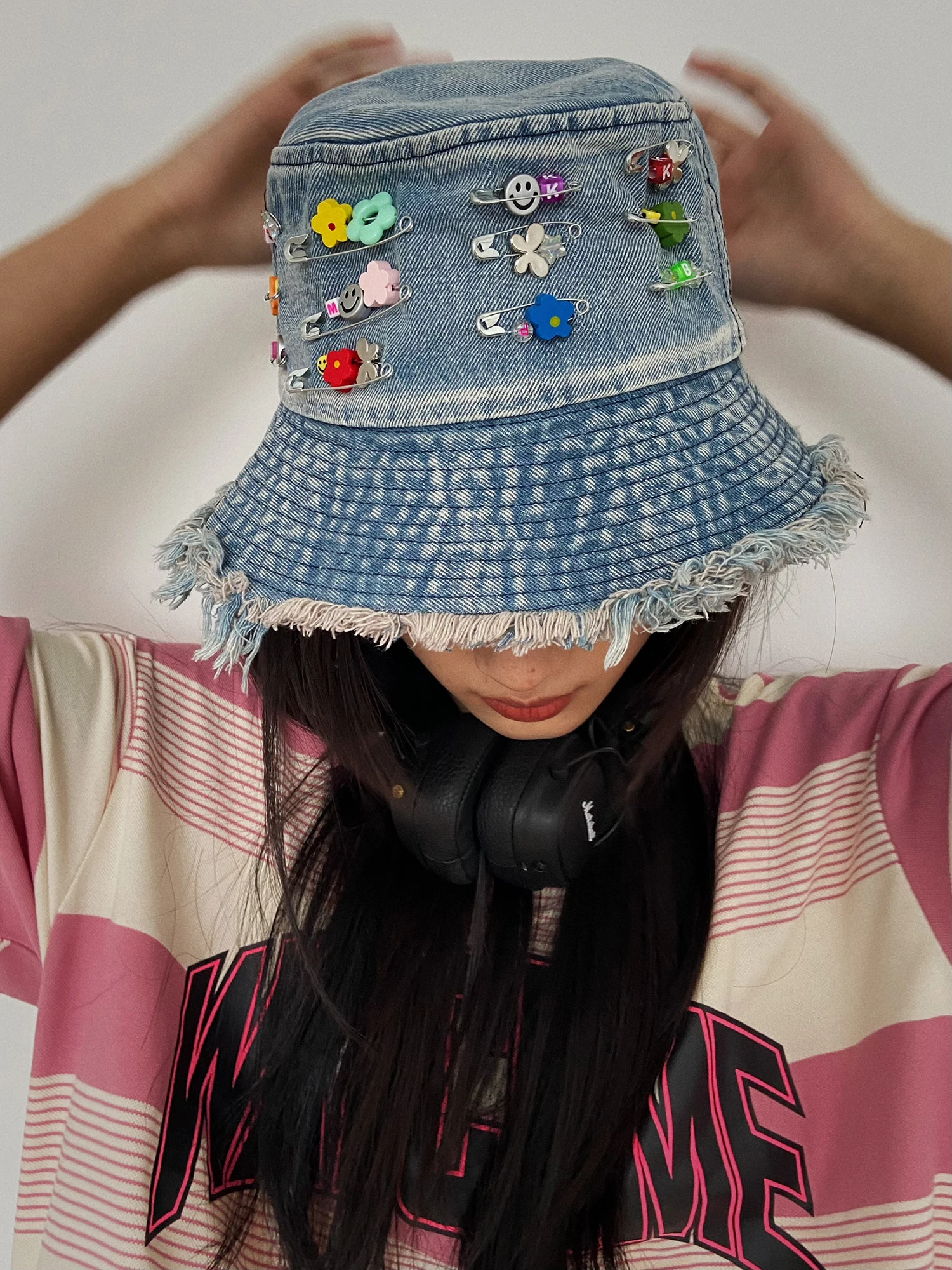 Sweet Denim Fisherman Hat with Edging Girl Fashion Handmade DIY Pin Colorful Beads Y2k Summer Sun caps