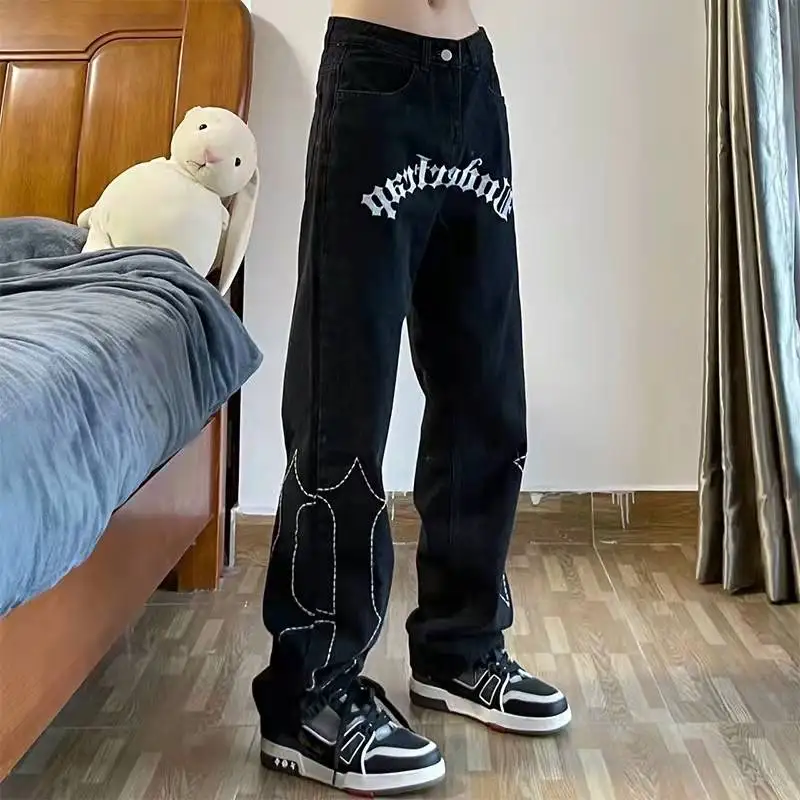 Y2K Mens/Women Black Streetwear Harajuku Ripped Low Rise Skinny Fairy Grunge Jeans Pants Alt Straight Denim Trousers Clothes