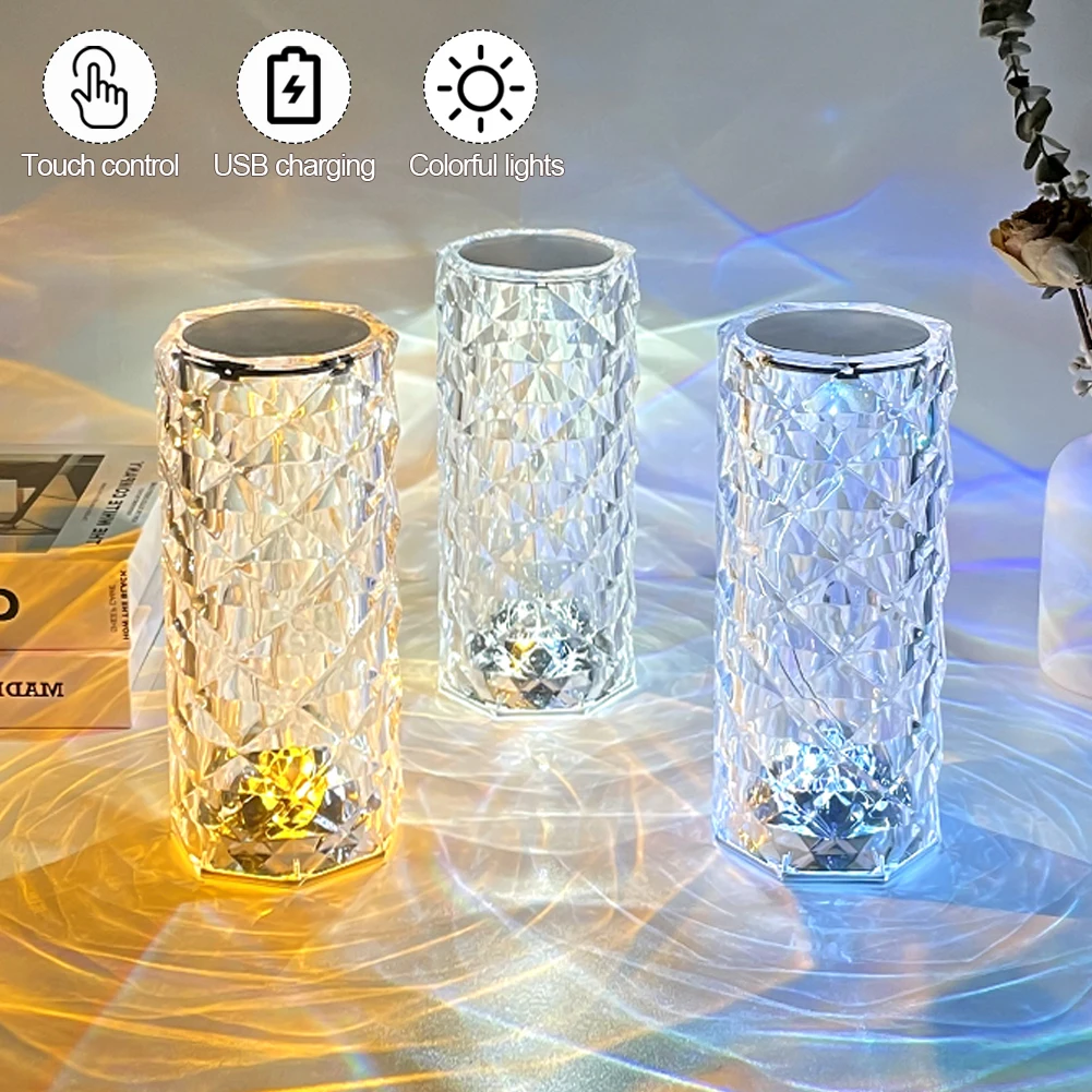 

Acrylic Diamond Rose Table Lamp USB Chargeable Touch Sensor Night Light Home Decor LED Light Control Bedroom Decoration Lamp