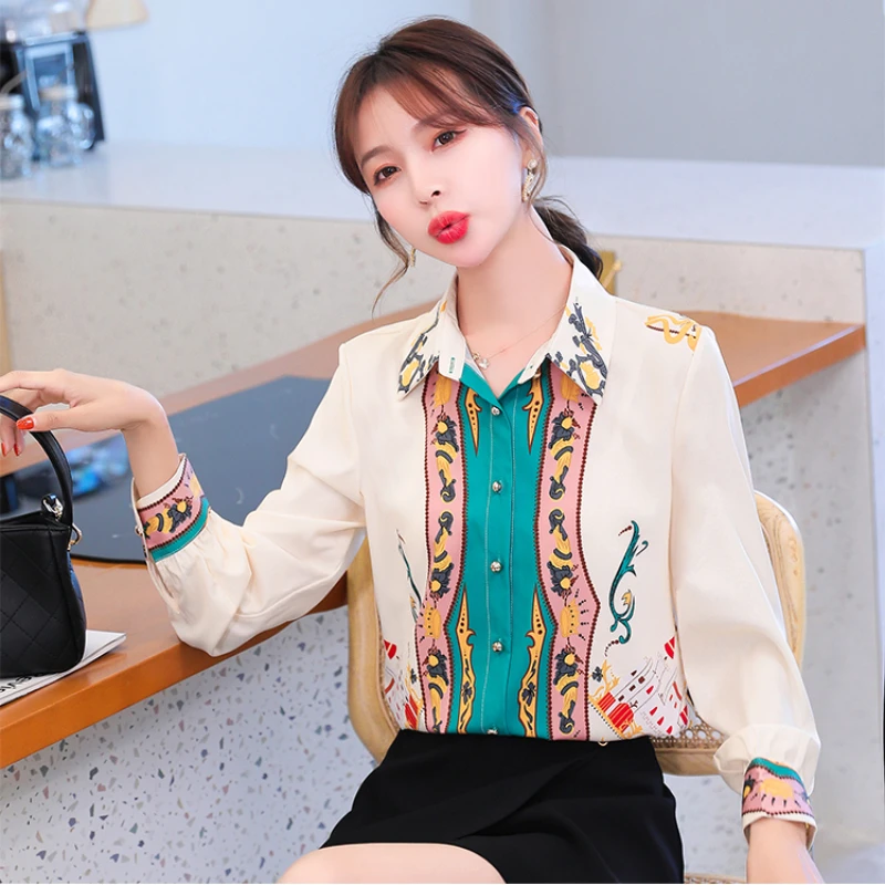 

Summer New Shirt Women Blouse Long Sleeve Printing Chiffon Casual Fashion Loose Lady Clothing